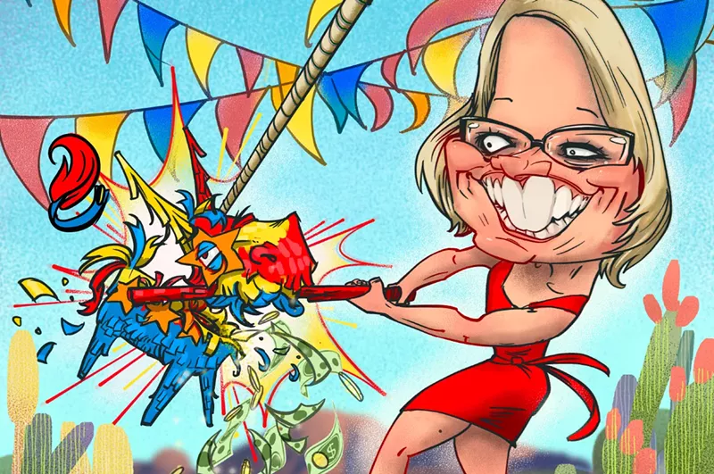 Image: a caricature of kyrsten sinema hitting a donkey pinata