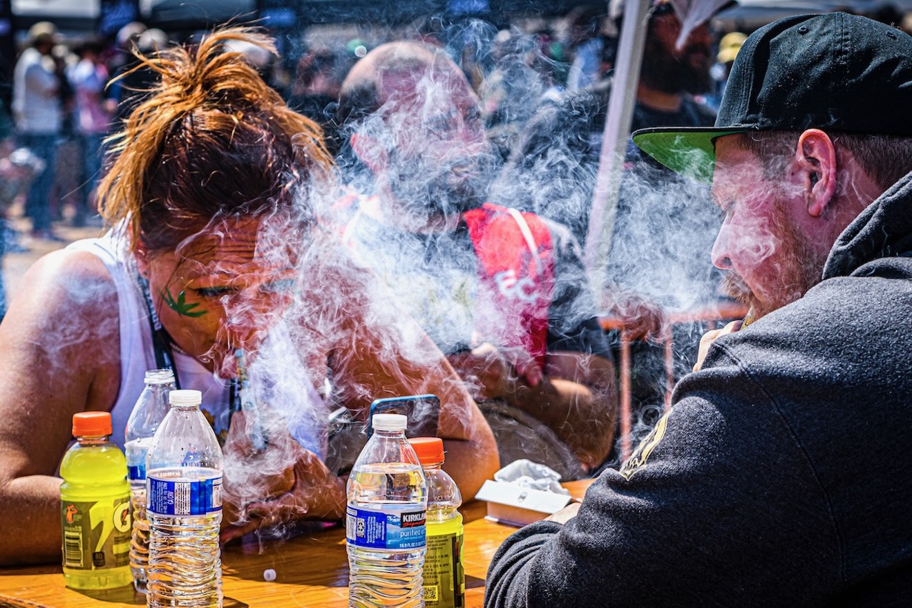 Contestants in the Vape Wars competition try to smoke an entire one gram vape cartridge during the Errl Cup on March 17.