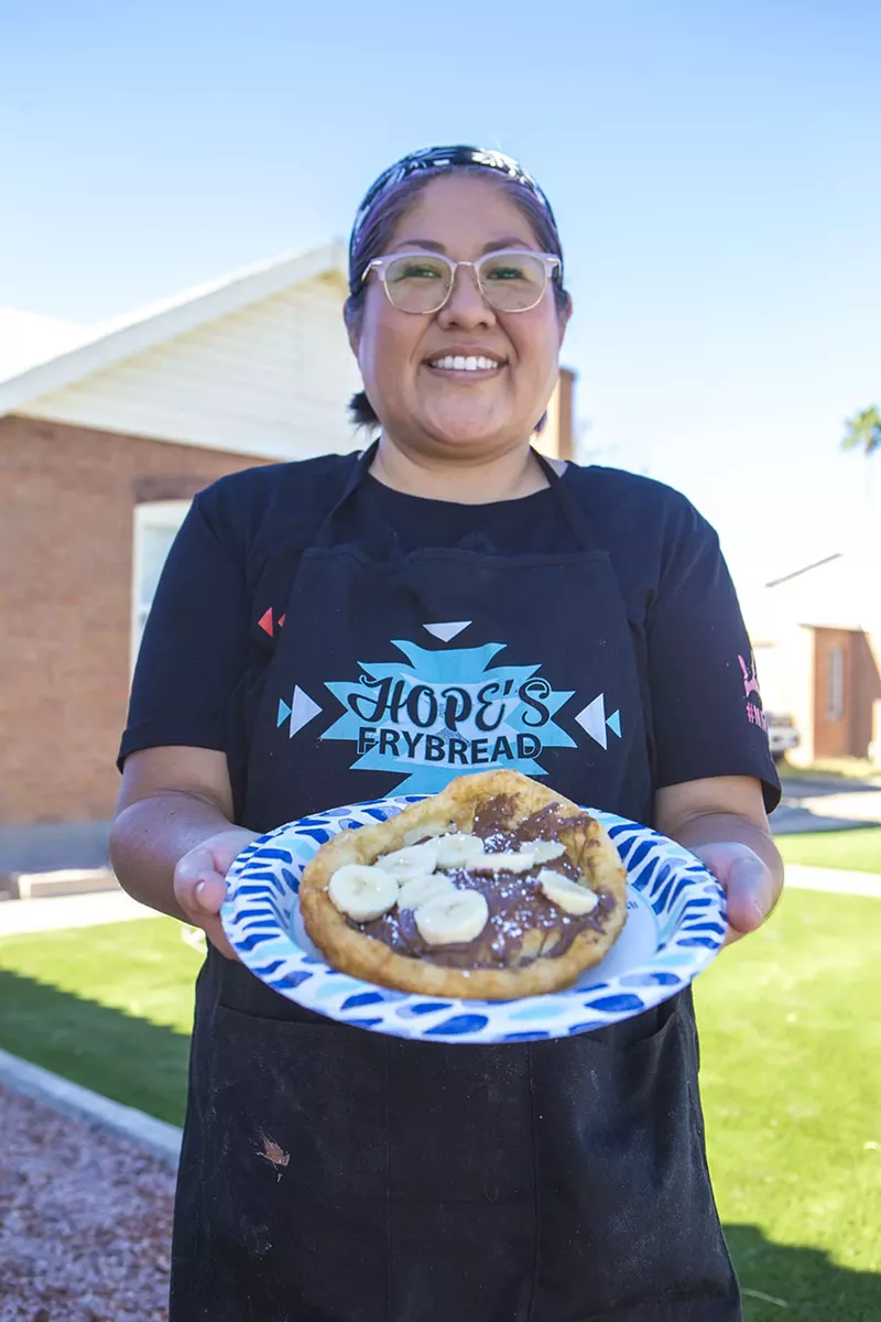Image: Hope Peshlakai with her Nutella banana frybread, one of her pop-up's sweet options.