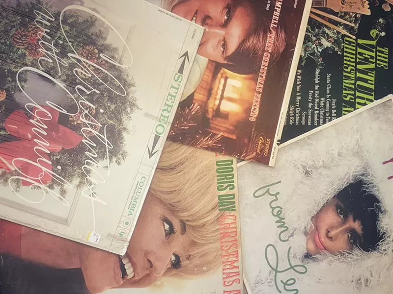 Image: A collage of old Christmas records.