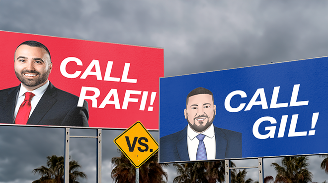 two billboards, one that says "Call Rafi!" and one that says "Call Gil!"