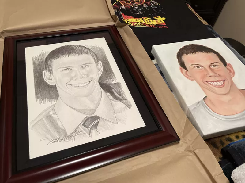 Image: After Brandon Caserta died by suicide, artists sent his parents portraits. These portraits and other keepsakes stay on the bed in his childhood bedroom.