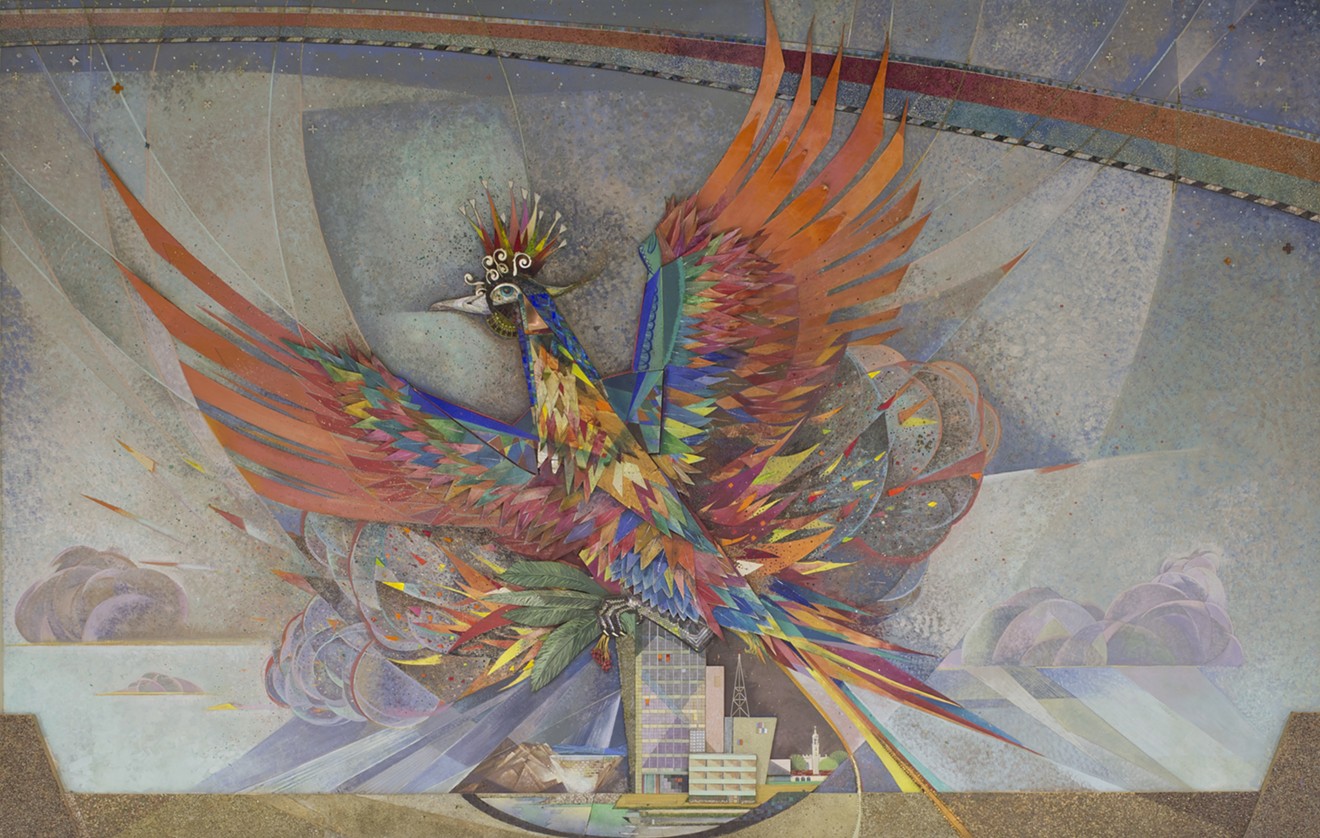 Central panel of Paul Coze's The Phoenix mural that's being revealed in its new airport location in October.