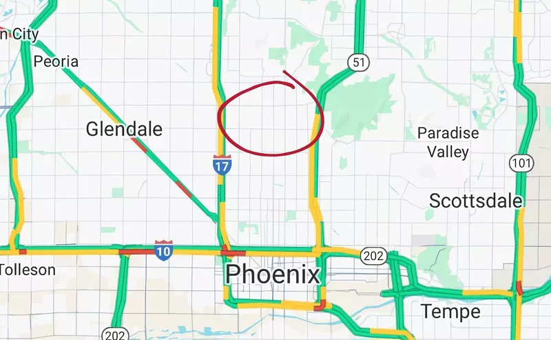 Image: a map of phoenix with an area circled in red