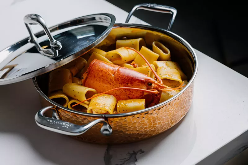 Image: Lobster pasta in a pan.