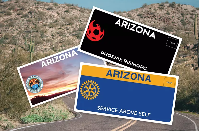 Image: three arizona license plates against a highway background