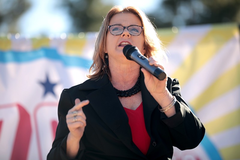 State Senator Kelly Townsend speaks with attendees at a rally hosted by EZAZ at Wesley Bolin Memorial Plaza at the Arizona State Capitol in Phoenix.