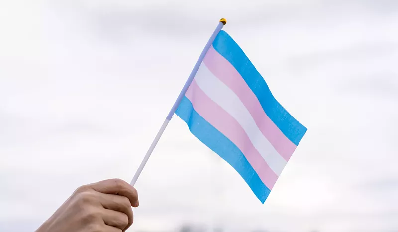 Image: a hand waves a small flag with trans advocacy colors (pink, white, powder plue)