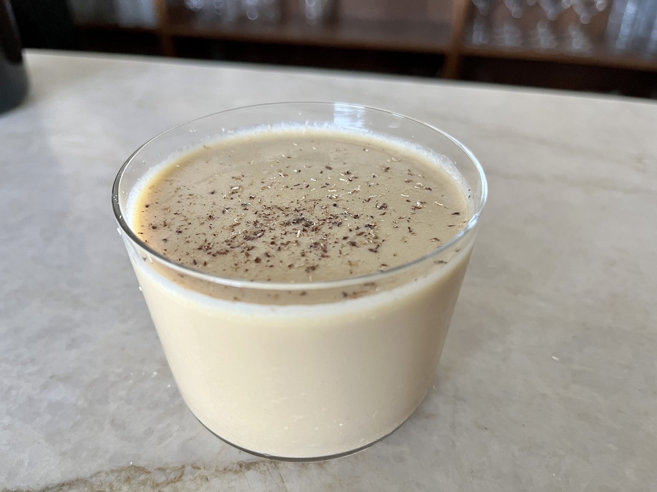 Valentine’s eggnog is made with 12 ingredients, including five different spirits, homemade Mexican vanilla extract and local cream and eggs. Every glass gets a dusting of freshly-grated nutmeg before getting served.