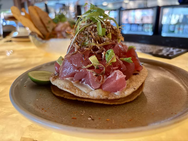 Image: The Yellowtail Tostada at Marisco Boys is piled high with fresh fish.