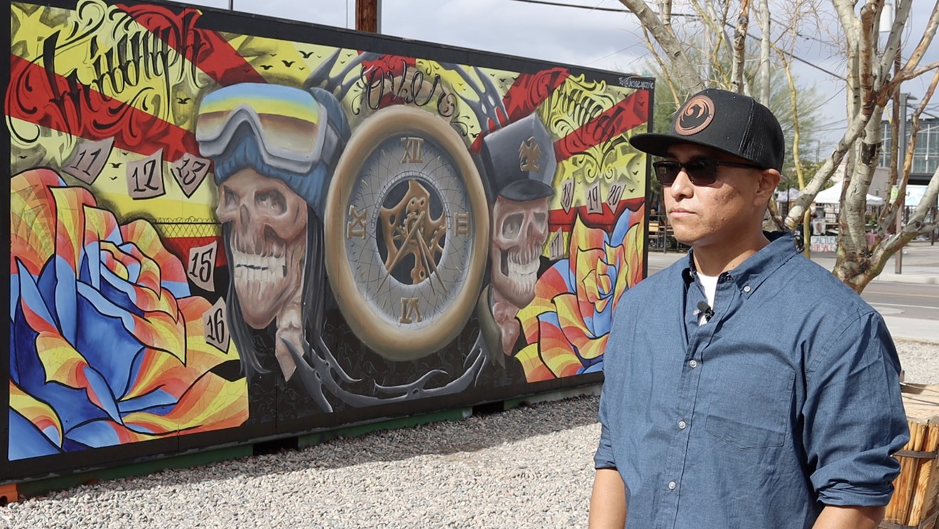 Artist Jessie Yazzie (Diné/Navajo) created the mural "Triumph Over Tragedy" for the "Uncontained" series, a collaboration of Cahokia PHX, Roosevelt Row CDC, and Xico Arte y Cultura.