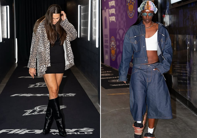 Image: Left, Phoenix Mercury forward Kathryn Westbeld shows off her fashion sense before a recent game. Right: Forward Kahleah Copper showcases her own style. Highlighting “tunnel fits” are a popular trend on WNBA social media.