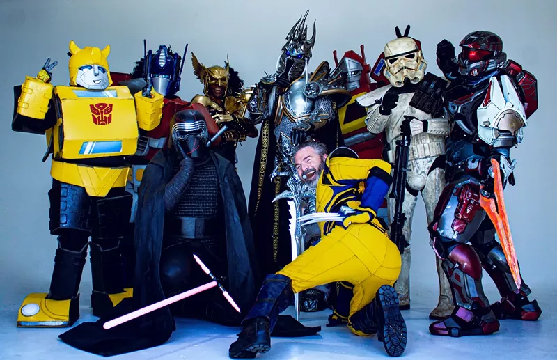 Image: Arizona cosplayers, from left: Jess Santos as Bumblebee, Tauri Icenogle as Optimus Prime, Adán Garcia as Kylo Renn, Ronin Kasai as Hawkman, Kyle Appel as The Lich King, Nick McGuire as Wolverine, Kenn Brobst as Blaster, Jeff Seager as a Sandtrooper and Ben Wheat as a "Halo" Spartan.