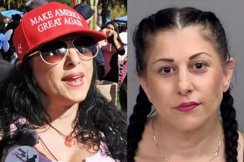 Image: Jennifer Harrison at a women's rights protest in Tempe in February 2020 alongside her mugshot after her arrest earlier this month.