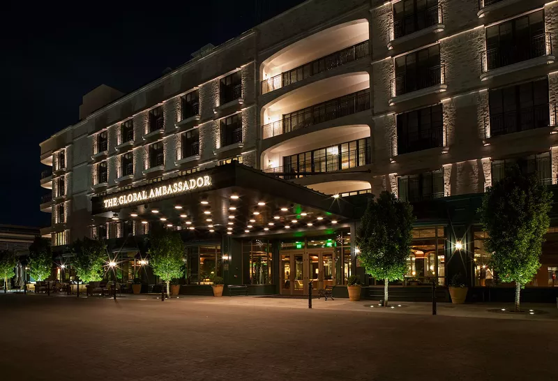 Image: The Global Ambassador exterior at night.