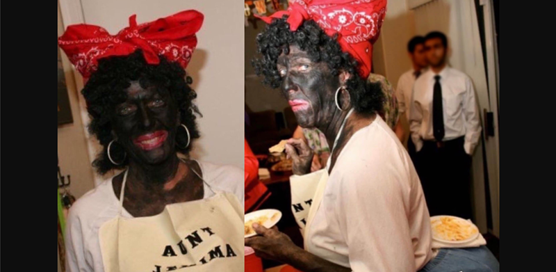 Image: a white woman in blackface in an apron that says "aunt jemima"