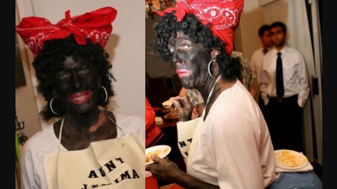 a white woman in blackface in an apron that says "aunt jemima"