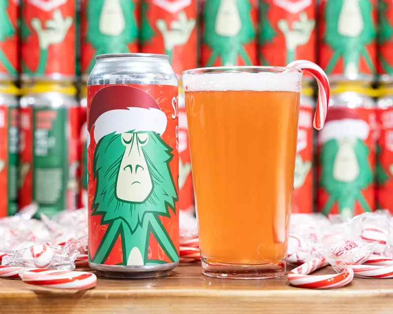Image: A pint and can of Candy Cane White Chocolate Ale.