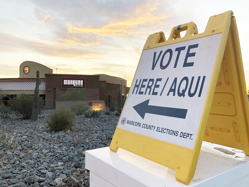 A sign directing voters to the polling place at Marquee Theatre in Tempe.