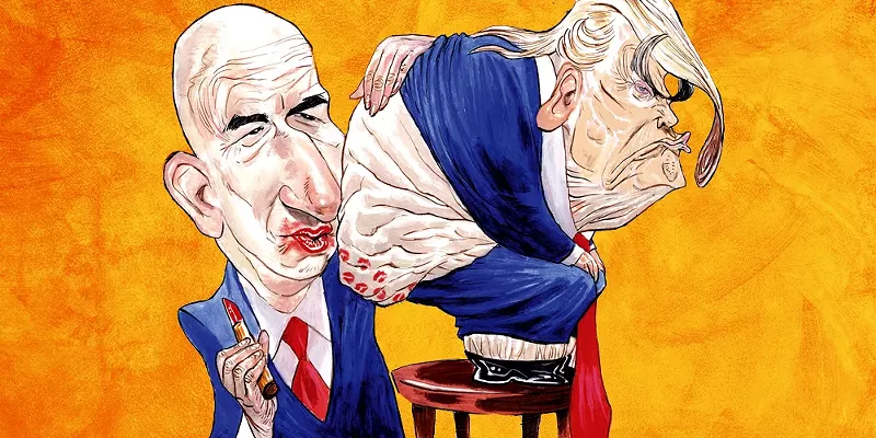 Image: a caricature of a bald man applying lipstick to kiss the naked rear end of donald trump