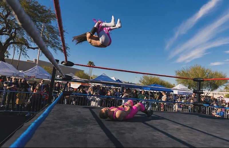 Professional wrestler Freddy Cordova soars above the competition at a Phoenix Championship Wrestling event.