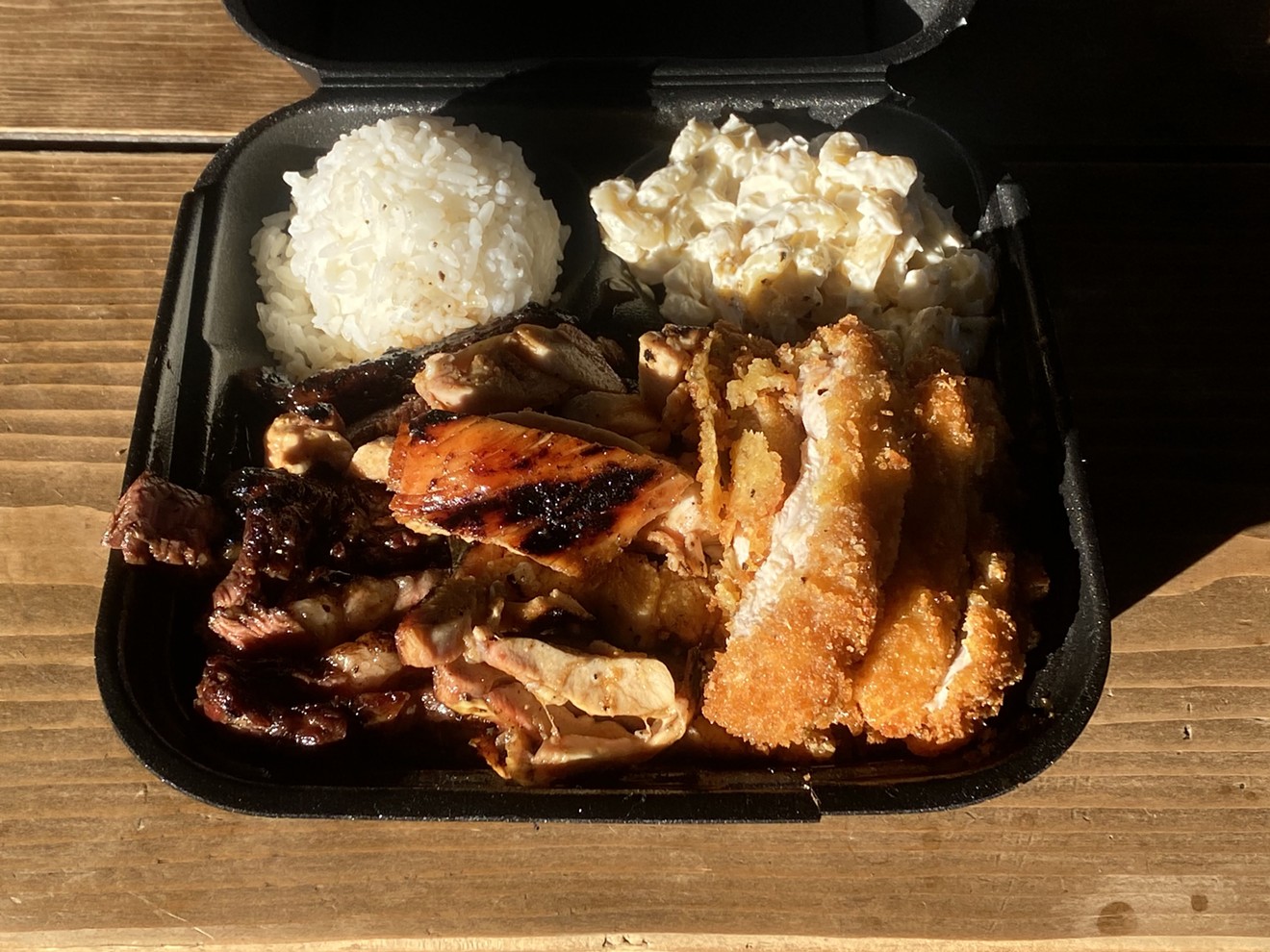 Da Loco comes with a choice of three entrees. Pictured are the teriyaki chicken, steak and chicken katsu.