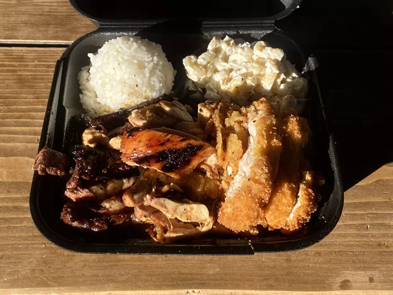 Image: Da Loco comes with a choice of three entrees. Pictured are the teriyaki chicken, steak and chicken katsu.