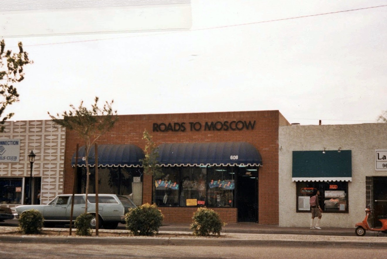 A 1984 photograph featuring Roads to Moscow, a beloved Tempe record store along Mill Avenue specializing in punk and New Wave music.