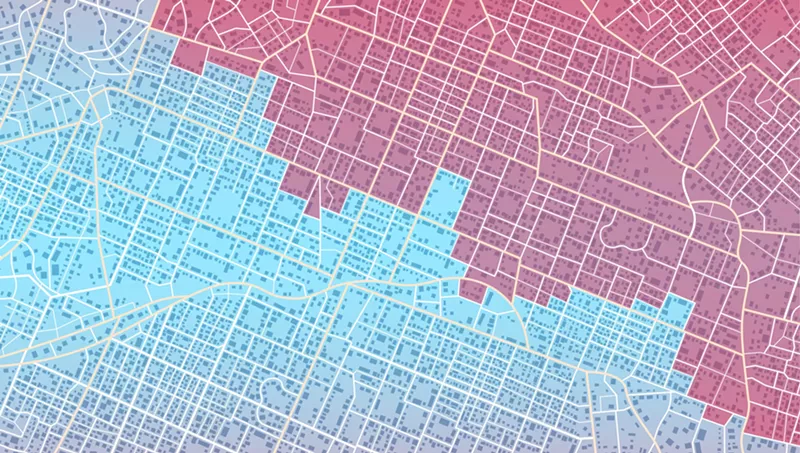 Image: a city street map divided into red and blue sections