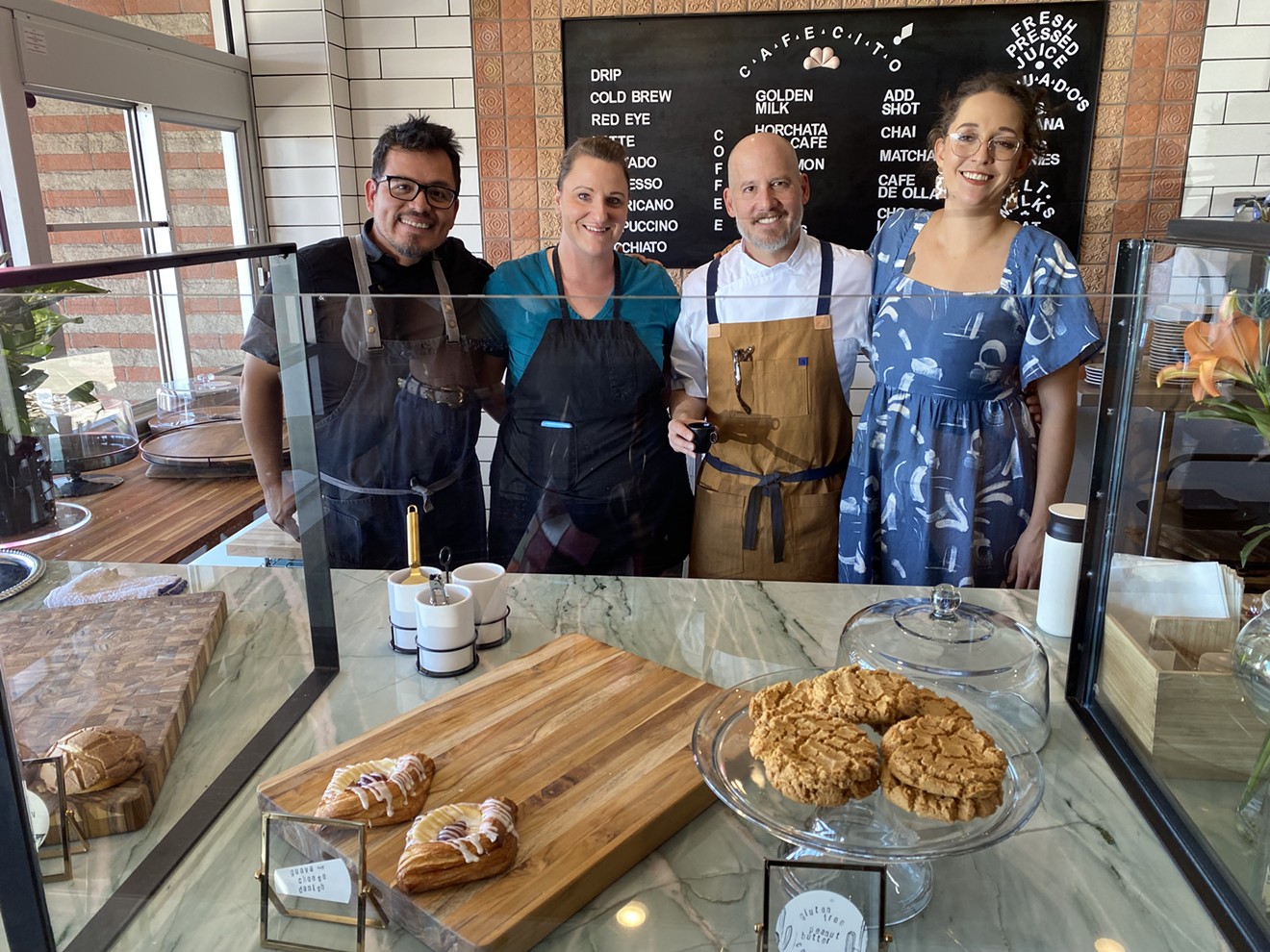 Otro Cafecito staff includes partner Carlos Diaz, pastry chef Amanda Hepler, chef and owner Doug Robson, and director of operations Ashli Galbreath.