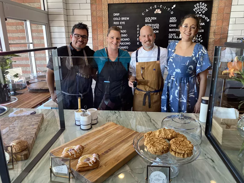 Image: Otro Cafecito staff includes partner Carlos Diaz, pastry chef Amanda Hepler, chef and owner Doug Robson, and director of operations Ashli Galbreath.