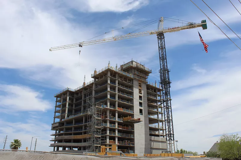 Image: An emergent lawsuit could hinder Hubbard Street Group’s plans to finish building this mixed-use tower near Roosevelt Row, which is already about halfway constructed.