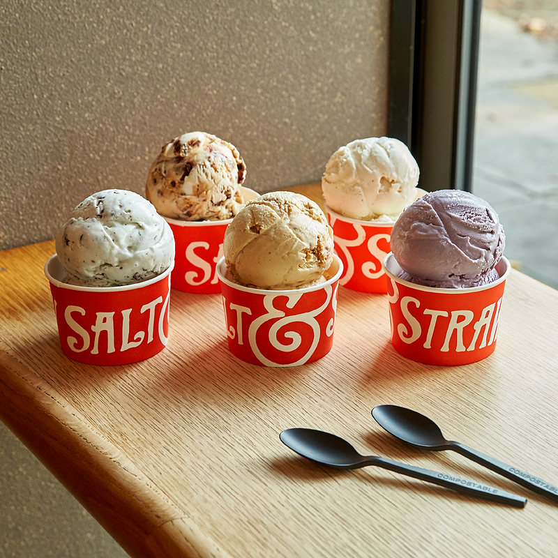 Salt & Straw's classic ice cream flavors include freckled mint chocolate chip, sea salt with caramel ribbons, double-fold vanilla and honey lavender.