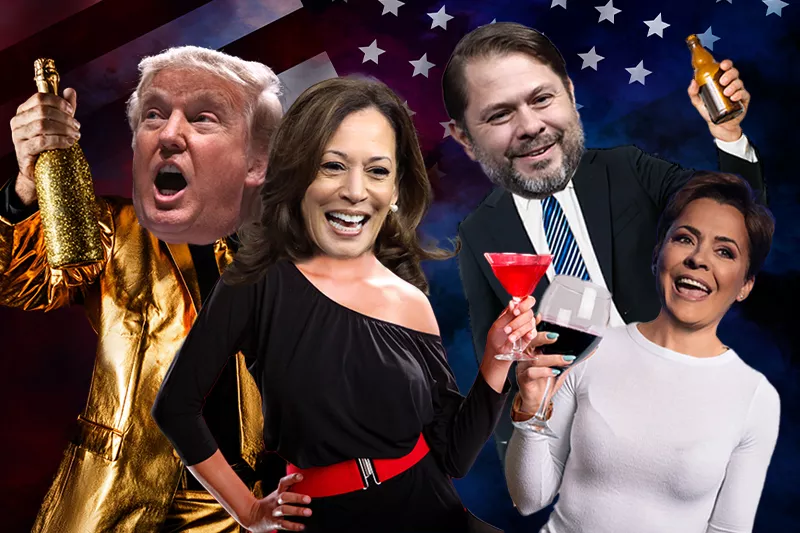 Image: photoshops of donald trump, kamala harris, ruben gallego and kari lake drinking alcohol