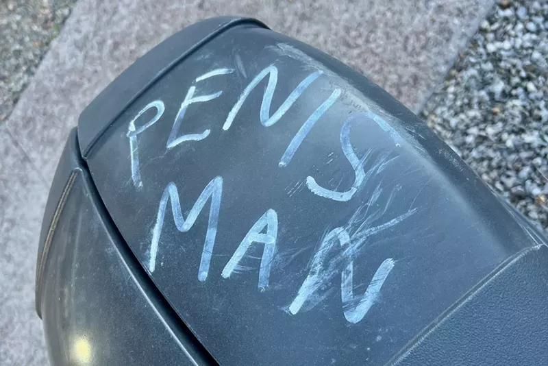 Image: This crass tag we spotted on the lid of a garbage can in Phoenix not too long ago is a vestige of the pandemic-era iconoclast, 'Penis Man.'