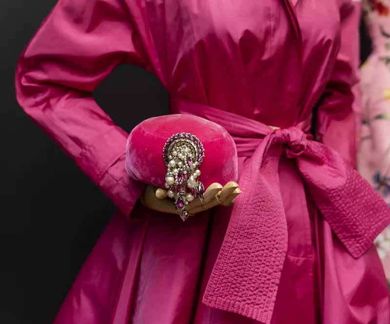 Image: Gianfranco Ferré, Coat Dress and Belt, early 1980s. Silk. Gift of Cheryl Fine; Hubert de Givenchy, Hat, 1960s. Silk, velvet, pearls and rhinestones. Gift of Mr. Vernon Taylor, Jr. and Family.