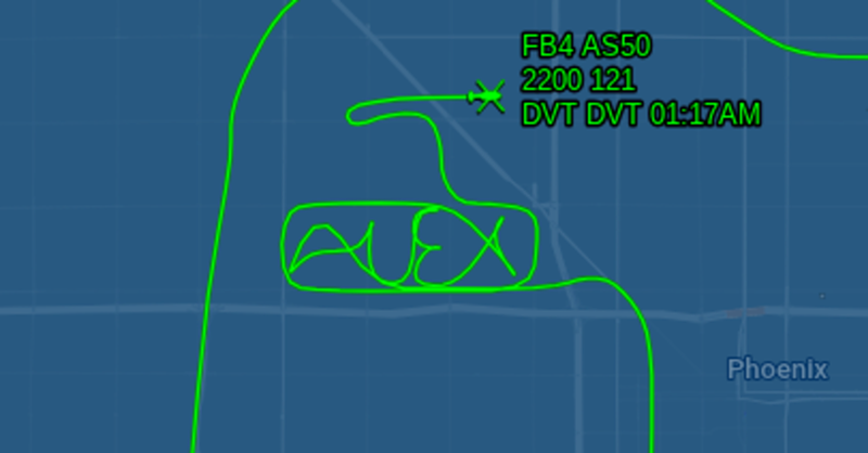 Image: a flgiht path of a helicopter showing it spelling "ALEX"