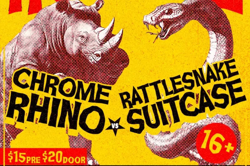 Image: The poster for the Chrome Rhino versus Rattlesnake Suitcase Rock 'N' Roll Rumble.