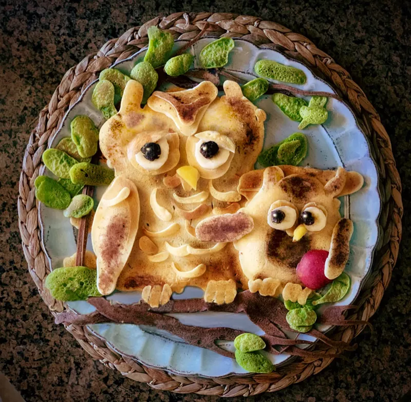 Image: "Owl Pancakes" by Sandra Marshall, who uses every part of a plant in her art, from peels to seeds and stems.