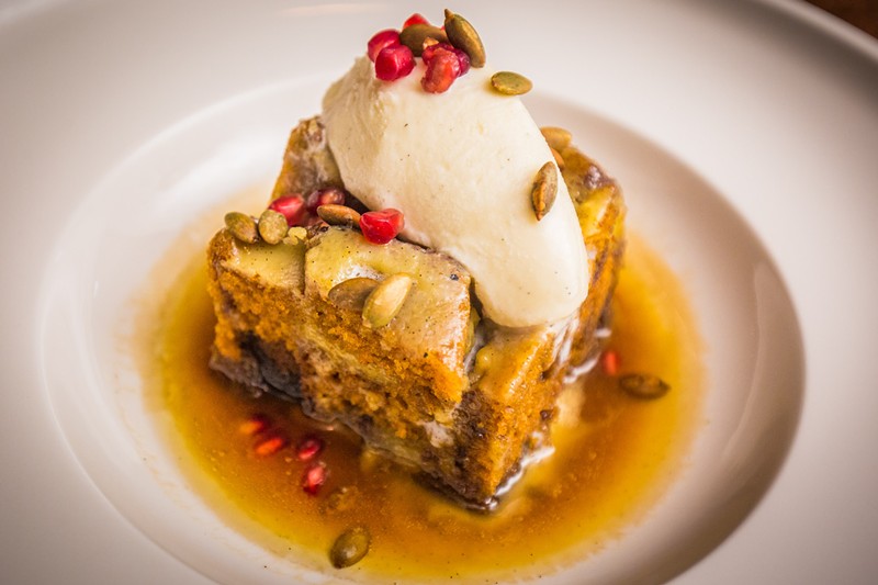 The Pumpkin Banana Bread Pudding from The Mission in Old Town Scottsdale features hot cake and cold ice cream. It's topped with pomegranate and pumpkin seeds.