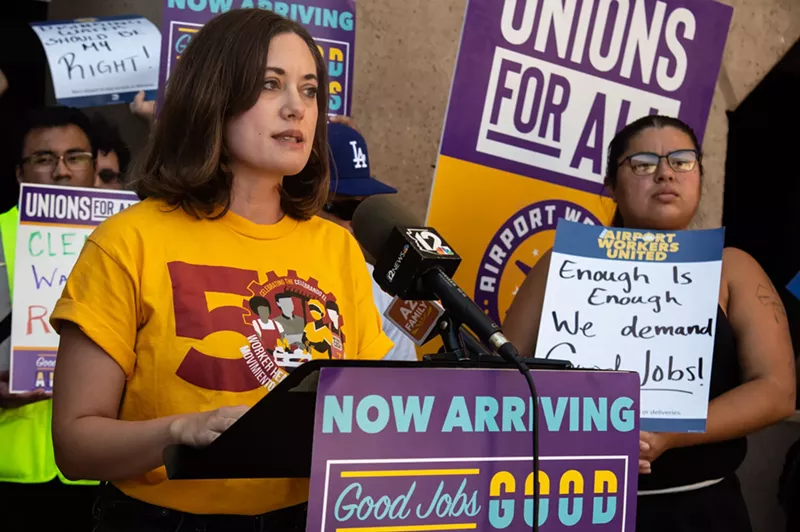 Image: Katelyn Parady from the National Council for Occupational Safety and Health was among the people who spoke on Sept. 6 as Sky Harbor workers announced a complaint they filed with Arizona’s safety watchdog.