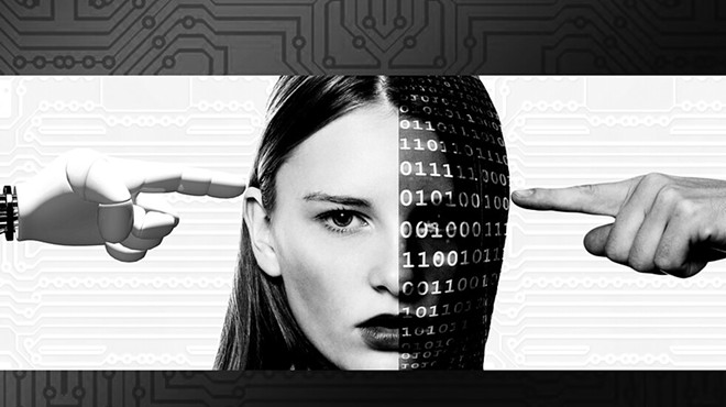 The face of a woman, half of it covered in binary code. On one side, a robot hand points at her head. On the other, a human hand does the same.