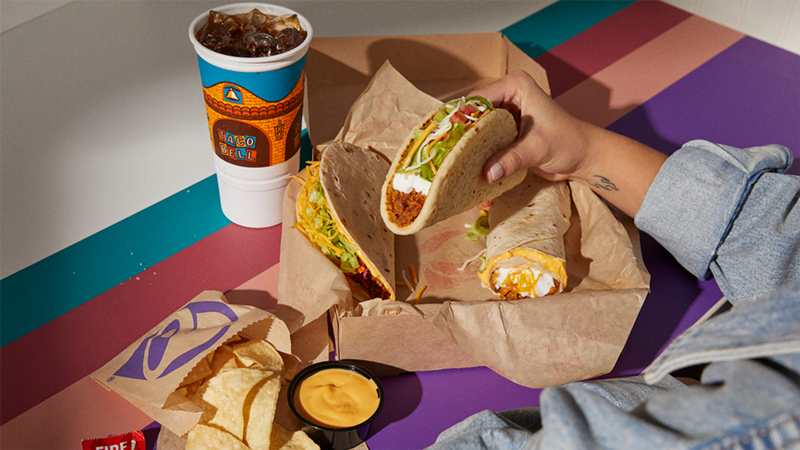Image: The $7 Luxe Cravings Box includes the ’90s Gordita Supreme, a Double Stacked Taco, a Beefy 5-Layer Burrito, chips with nacho cheese sauce and a medium drink. It's part of Taco Bell's Decades Menu.