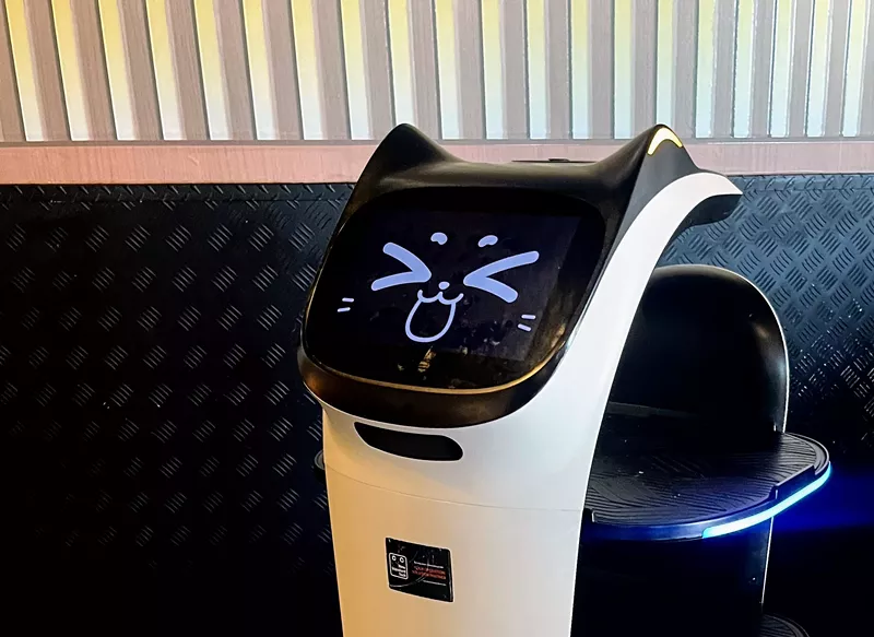 Image: Patrons can scratch BellaBot's orange-accented ears to activate its digital face.