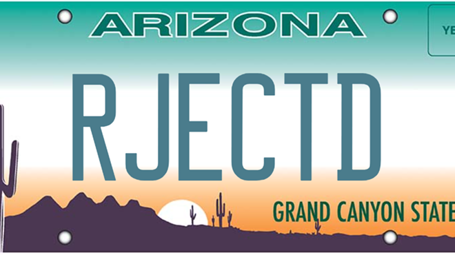 an arizona license plate that says "RJECTD"