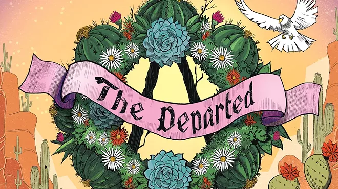 a wreath in a desert setting that says "the departed" on it
