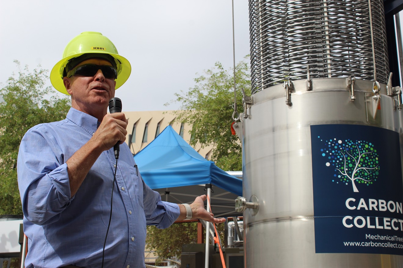 John Cirucci, a chemical engineer at Arizona State University, unveils the world's first MechanicalTree in Tempe on Monday afternoon.