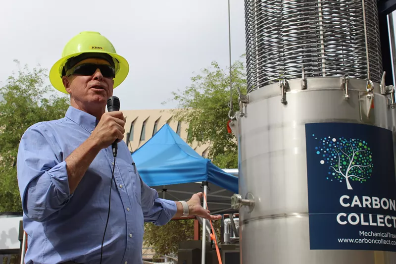 Image: John Cirucci, a chemical engineer at Arizona State University, unveils the world's first MechanicalTree in Tempe on Monday afternoon.