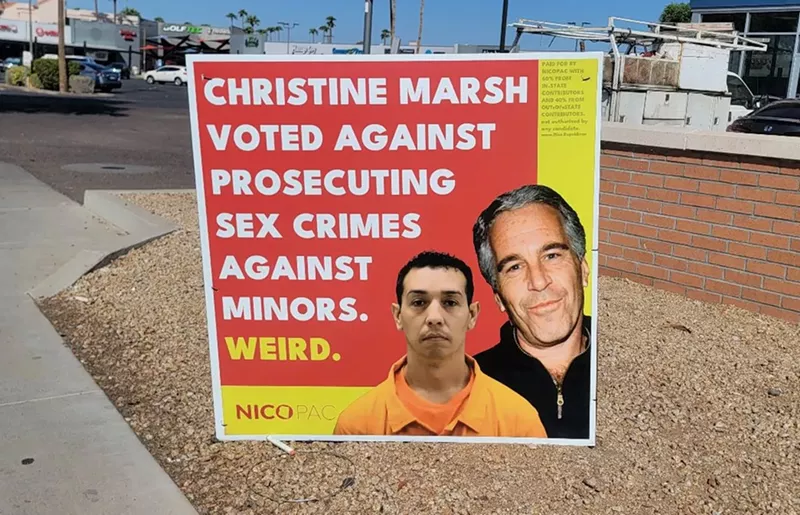 Image: a sign that says "Christine Marsh voted against prosecuting sex crimes against minors. Weird." It features the images of Jeffrey Epstein and Tony Navarrete
