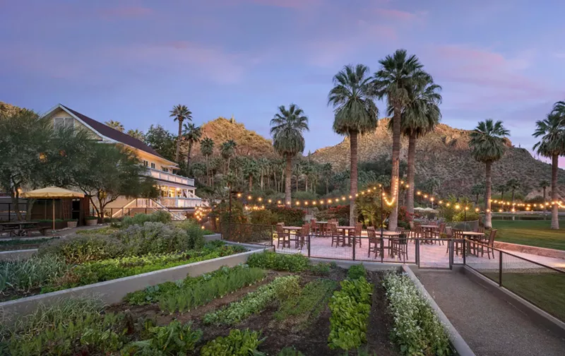 Image: A resort at dusk.